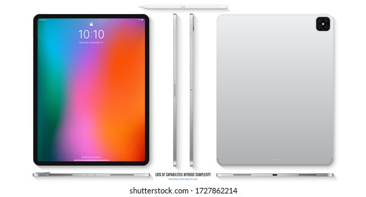 tablet silver color with colorful touch screen saver and stylus top view isolated on white background. flat lay realistic and detailed device mockup. stock vector illustration