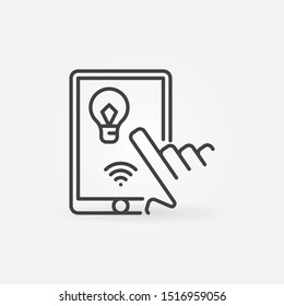 Tablet with smart bulb controlled via wi-fi outline vector icon