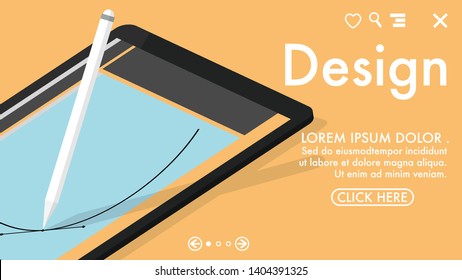 A tablet with a smart pen drawing vector on the tablet's screen place on table with copy space for text in website template design