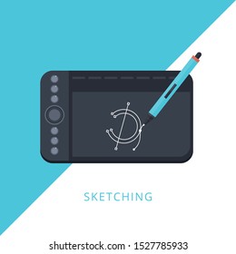 A tablet with a smart pen drawing vector on the tablet's screen place on table with copy space for text in website template design. Concept of line icon