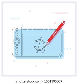 A tablet with a smart pen drawing vector on the tablet's screen place on table with copy space for text in website template design.