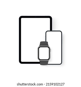 Tablet, Smart Watch and Cellphone Mockup with Blank Screens. Vector Illustration