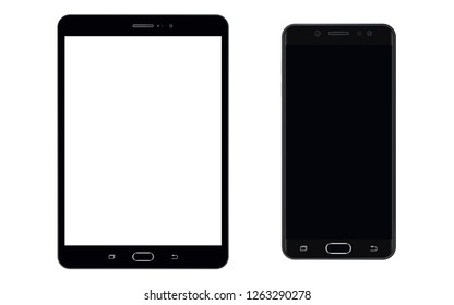 Tablet and Smartphone black edition with empty screen vector eps10.  Black tablet and smartphone top view. Smartphone and tablet set isolated on white, vector.