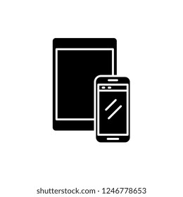 Tablet and smartphone black icon, vector sign on isolated background. Tablet and smartphone concept symbol, illustration 