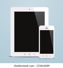 tablet and smartphone with black screen blue background