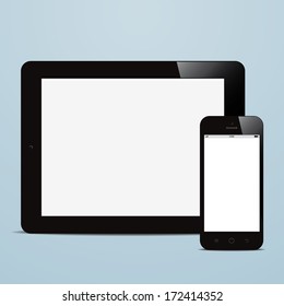 tablet and smartphone with blank screen blue background