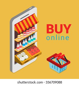 Tablet smartphone buy online grocery shopping e-commerce store flat 3d web isometric infographic concept vector electronic business sales. Shop cart market shop showcase product shelving shelf screen.