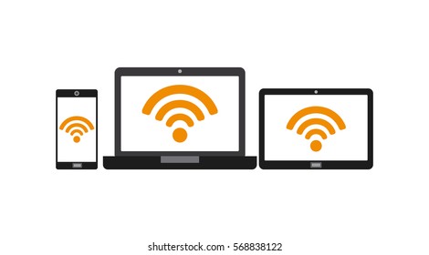 tablet, smartphone and computer with wireless waves over white background. colorful design. vector illustration