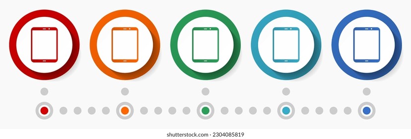 Tablet, juego de iconos vectoriales de concepto de smartphone, plantilla de infografía, diseño plano, botones web coloridos en 5 opciones de color