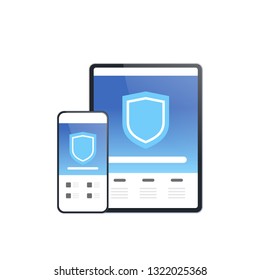 tablet and smartphone mobile data protection information security private access application concept white background flat vector illustration