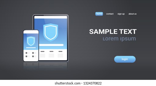 tablet and smartphone mobile data protection information security private access application concept horizontal copy space flat