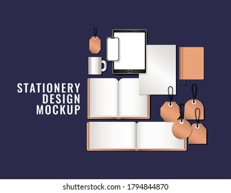 tablet smartphone and mockup set on blue background of corporate identity and stationery design theme Vector illustration