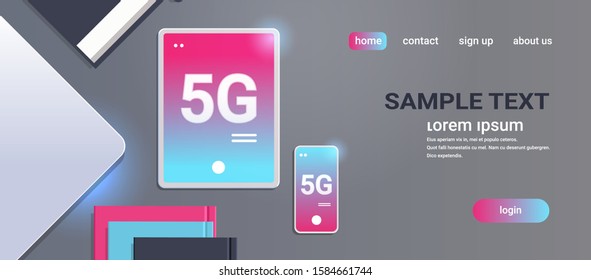 tablet and smartphone on desktop 5G online communication network wireless systems connection concept fifth innovative generation of high speed internet flat horizontal top angle view copy space vector