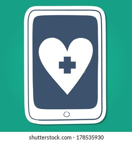 Tablet or smartphone with red cross heart emblem. Sketch sticker vector element for medical or health care design