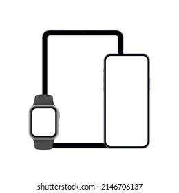 Tablet, Smartphone, Smart Watch Mockup con pantallas en blanco, aislado en fondo blanco. Ilustración vectorial