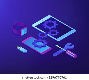 Tablet, smartphone and smartwatch with gears and tools need repair. Mobile device repair, tablet service and setup, smartwatch repair concept. Ultraviolet neon vector isometric 3D illustration.