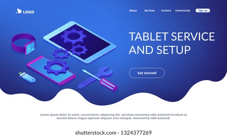 Tableta, smartphone y reloj inteligente con engranajes y herramientas necesitan reparación. Reparación de dispositivos móviles, servicio y configuración de tablet, concepto de reparación de reloj inteligente. plantilla de página web de aterrizaje de aplicación de sitio web Isometric 3D