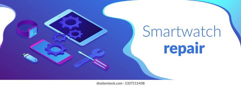 Tablet, smartphone e smartwatch com engrenagens e ferramentas precisam de reparo. Reparo de dispositivos móveis, serviço e instalação de tablet, conceito de reparo de smartwatch. Espaço de cópia de modelo de cabeçalho de banner 3D isométrico.