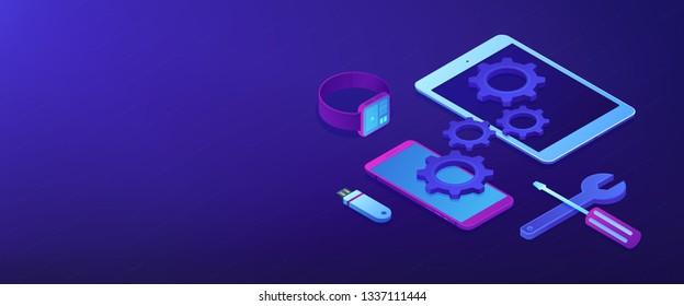 Tableta, smartphone y escotilla inteligente con engranajes y herramientas necesitan reparación. Reparación de dispositivos móviles, instalación y servicio de tableta, concepto de reparación de escotillas inteligentes. Espacio de copia de plantilla de encabezado de banner 3D isométrico.
