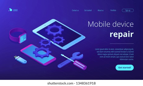 Tablet, smartphone and smartwatch with gears and tools need repair. Mobile device repair, tablet service and setup, smartwatch repair concept. Isometric 3D website app landing web page template