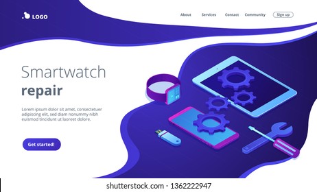 Tablet, smartphone and smartwatch with gears and tools need repair. Mobile device repair, tablet service and setup, smartwatch repair concept. Isometric 3D website app landing web page template