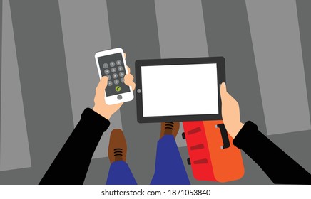 Tablet and smartphone top view on the street