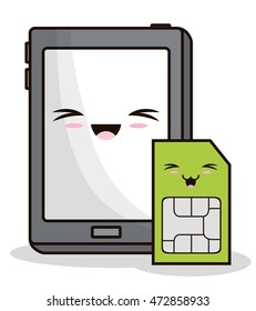 tablet sms kawaii cartoon smiling technology icon. Colorful and flat design. Vector illustration