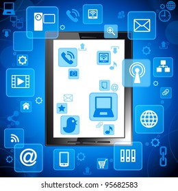 tablet; social media, communication in the global computer networks.File is saved in AI10 EPS version. This illustration contains a transparency