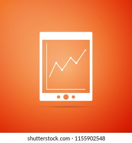 Tablet with statistic graph chart icon isolated on orange background. Financial chart and graph sign. Flat design. Vector Illustration