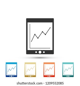 Tablet with statistic graph chart icon isolated on white background. Financial chart and graph sign. Set elements in colored icons. Flat design. Vector Illustration