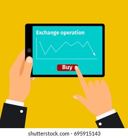 Tablet with stock exchange buying graphic on screen, vector illustration