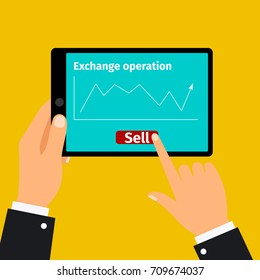Tablet with stock exchange selling graphic on screen, vector illustration