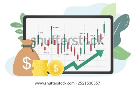 Tablet with stock exchange trade graphs on screen. online trading, Growing financial index, Global stock exchanges index. Forex trading concept illustration