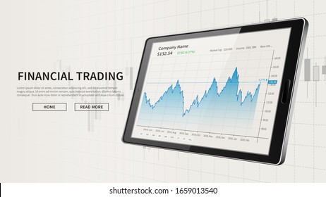 Tablet with stock market candlestick graph advertising web banner. Financial analytics vector illustration. Forex trading graphic design concept.
