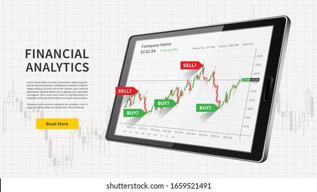 Tablet with stock trade candlestick graph and signals web banner. Financial analytics vector illustration. Stock exchange market chart with buy and sell signals graphic design concept.
