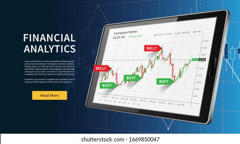 Tablet with stock trade chart web banner. Fintech vector illustration. Stock exchange market with buy and sell signals graphic design concept.
