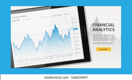 Tablet with stock trade graph web banner. Fintech vector illustration. Stock exchange market chart graphic design concept.
