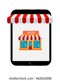 Tablet, store concept with awning, white screen. Flat design, vector illustration.