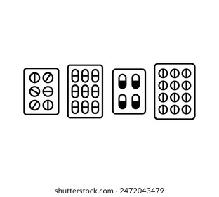 paquete de tiras de comprimidos Conjuntos medicina icono símbolo Vector diseño simple blanco negro ilustración colecciones 