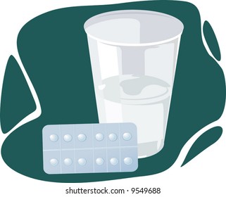  a tablet stripe and glass of water	