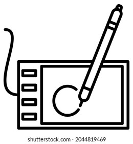A tablet and a stylus for drawing. A gadget for computer drawing (CG). Graphic electronic tablet for the designer. Icon, vector, outline, isolated. Editable stroke.