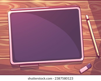 Comprimido, lápiz labial, borrador sobre fondo multicolor. El dispositivo en perspectiva.
