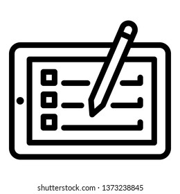 Tablet and stylus icon. Outline tablet and stylus vector icon for web design isolated on white background