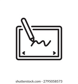 Tablet and stylus line icon featuring a digital drawing pad touchscreen with a pen writing a signature waveform. Ideal for graphic design, electronic signature capture, and illustration software.