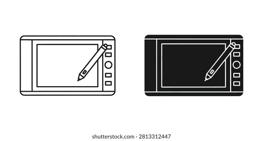 A tablet with a stylus pen resting on the screen, shown in both outline and solid black styles.... tablet, stylus, pen....