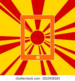 Tablet symbol on a background of red flash explosion radial lines. The large orange symbol is located in the center of the sun, symbolizing the sunrise. Vector illustration on yellow background