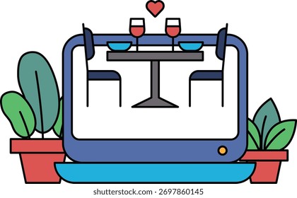 Um tablet com uma mesa e cadeiras. A mesa tem duas taças de vinho e duas tigelas. As cadeiras estão vazias. Conceito de intimidade e relaxamento, como é um cenário para um jantar romântico