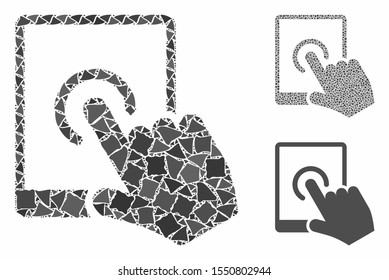 Tablet tap composition of uneven parts in various sizes and color tones, based on tablet tap icon. Vector uneven items are grouped into composition. Tablet tap icons collage with dotted pattern.