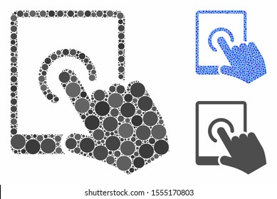 Tablet tap mosaic of spheric dots in various sizes and color tinges, based on tablet tap icon. Vector round dots are combined into blue mosaic. Dotted tablet tap icon in usual and blue versions.