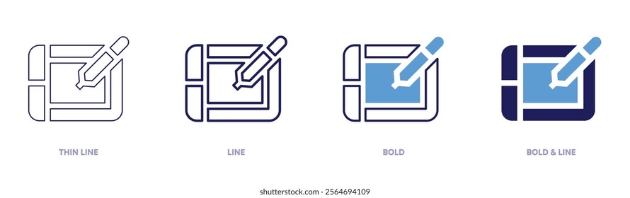 Tablet technology icon in 4 different styles. Thin Line, Line, Bold, and Bold Line. Duotone style. Editable stroke.